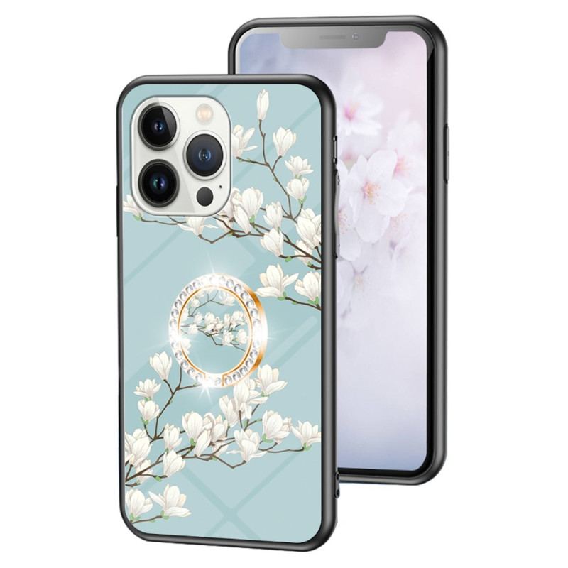 Capa Para iPhone 15 Pro Vidro Temperado Floral Com Anel De Suporte