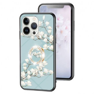 Capa Para iPhone 15 Pro Vidro Temperado Floral Com Anel De Suporte