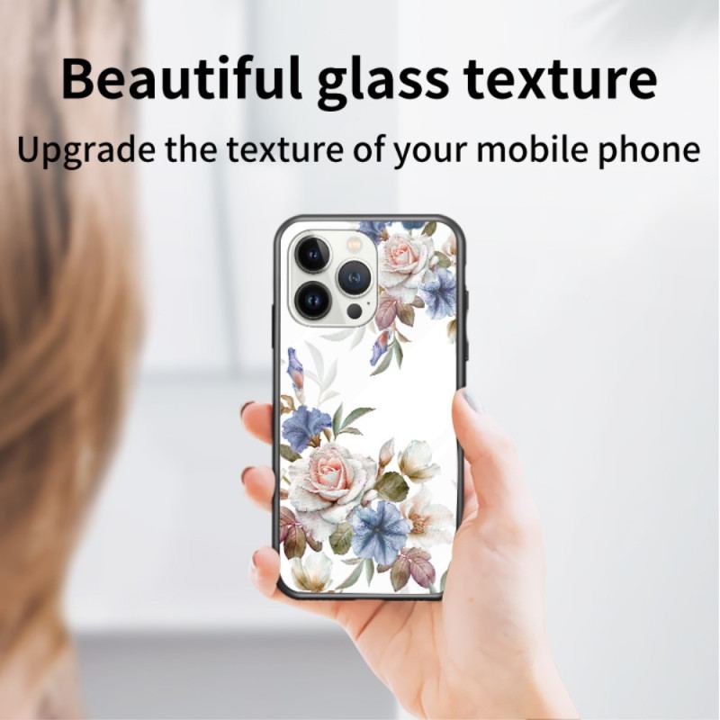 Capa Para iPhone 15 Pro Vidro Temperado Floral Com Anel De Suporte