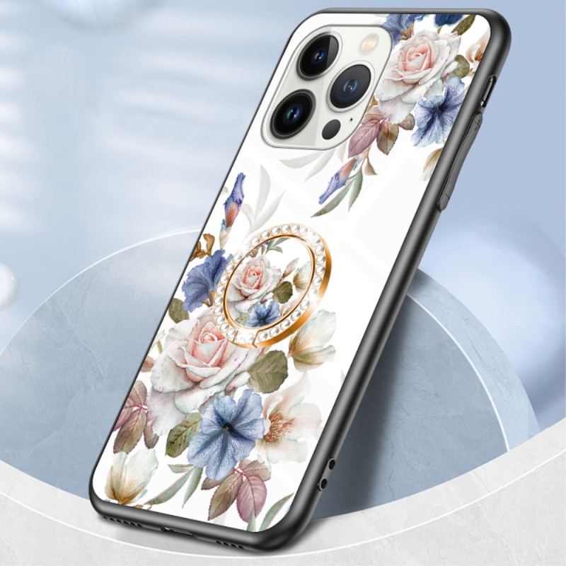 Capa Para iPhone 15 Pro Vidro Temperado Floral Com Anel De Suporte