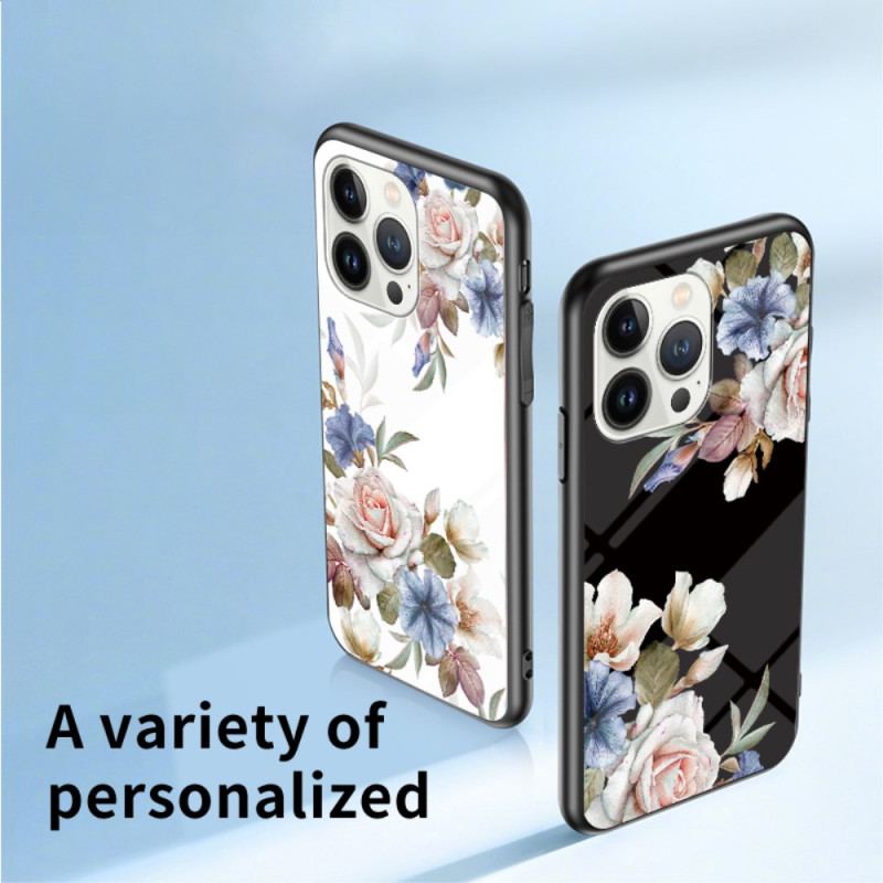 Capa Para iPhone 15 Pro Vidro Temperado Floral Com Anel De Suporte