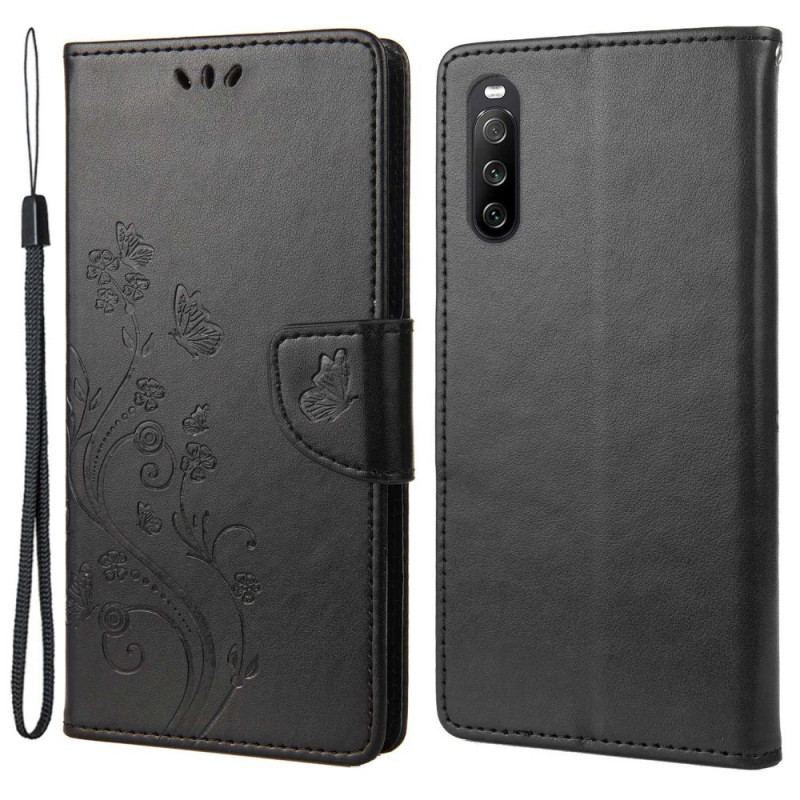 Capa De Couro Para Sony Xperia 10 IV Flores E Borboletas