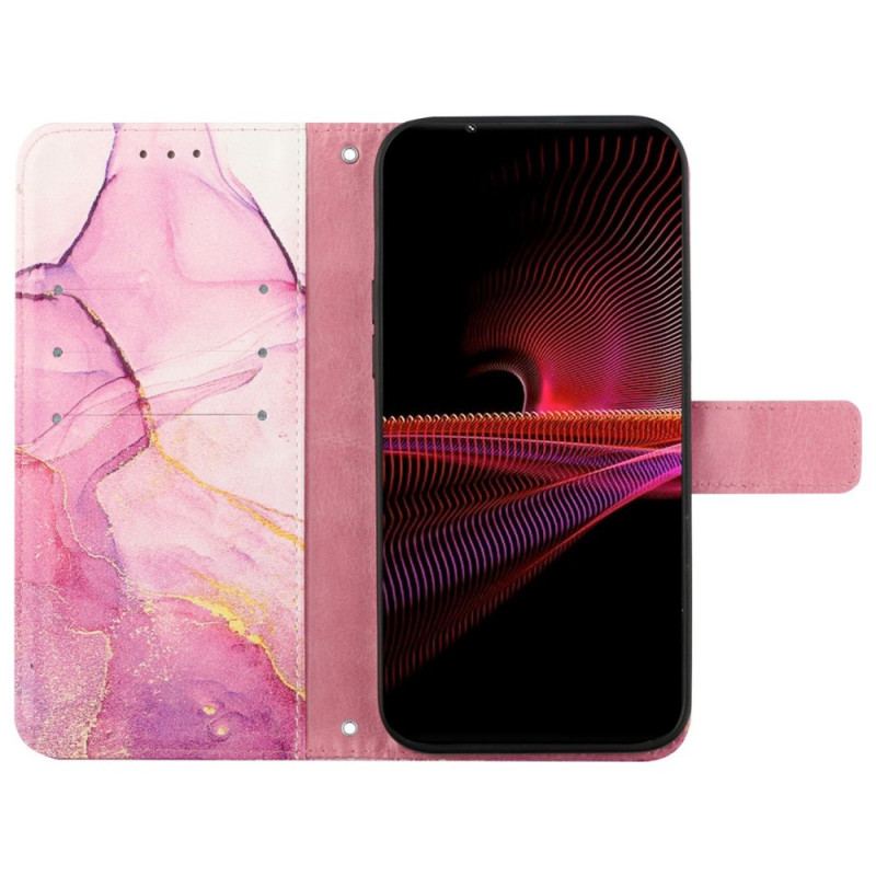 Capa Flip Para Sony Xperia 10 IV Mármore Com Cordão