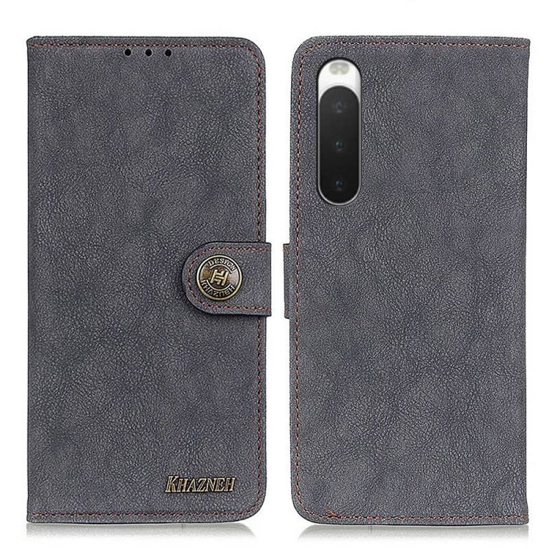 Capa Folio Para Sony Xperia 10 IV Couro Rachado Vintage Khazneh