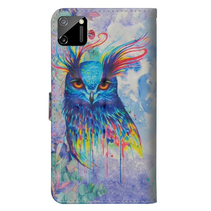 Capa De Couro Para Realme C11 Pássaro Aquarela