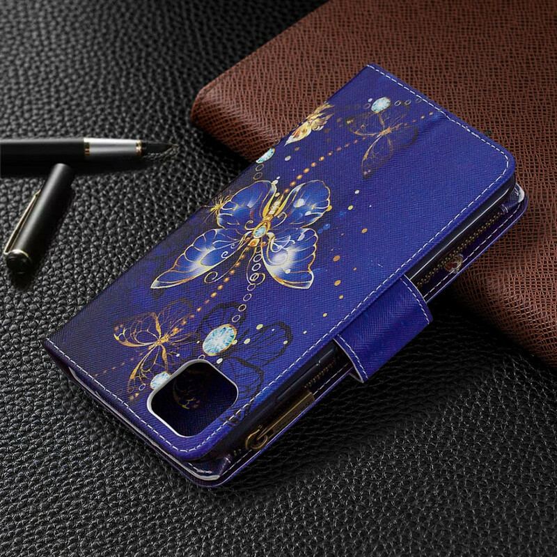 Capa Em Pele Para Realme C11 Borboletas Douradas De Bolso Com Zíper