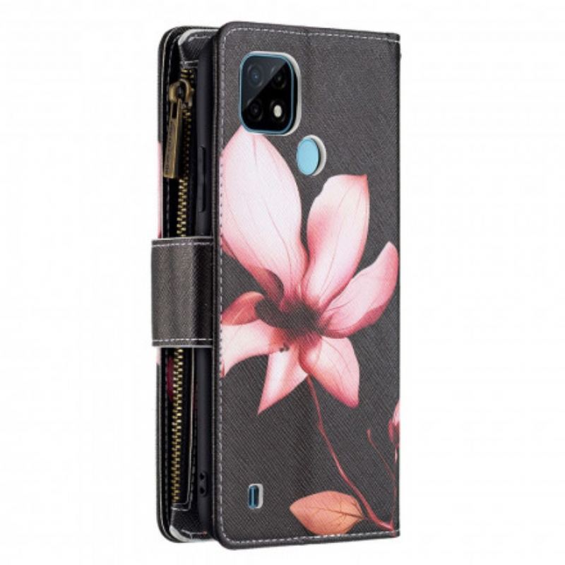 Capa Flip Para Realme C11 Bolso Com Zíper Flor