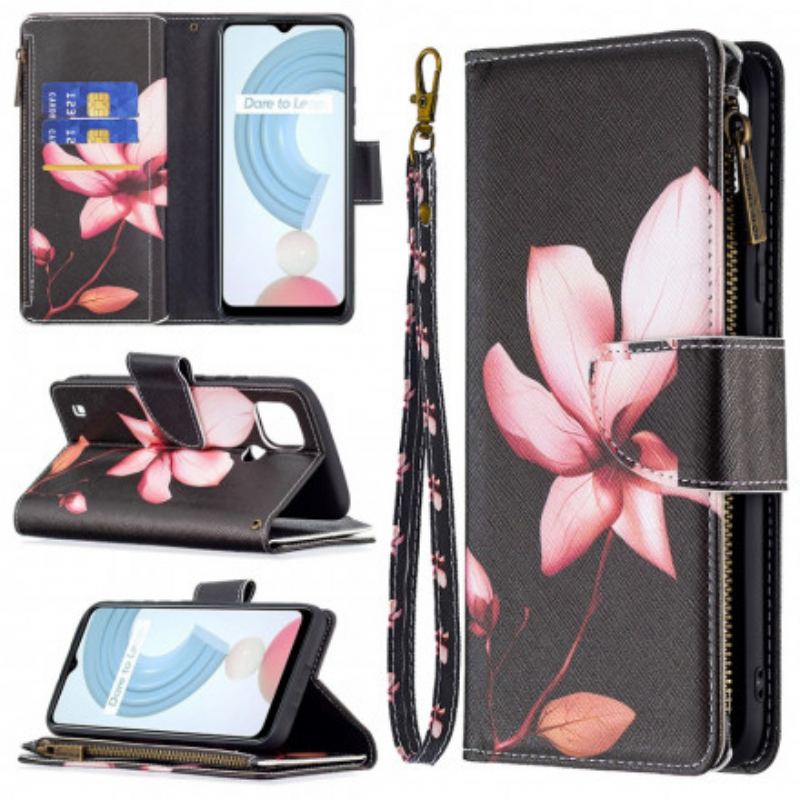 Capa Flip Para Realme C11 Bolso Com Zíper Flor