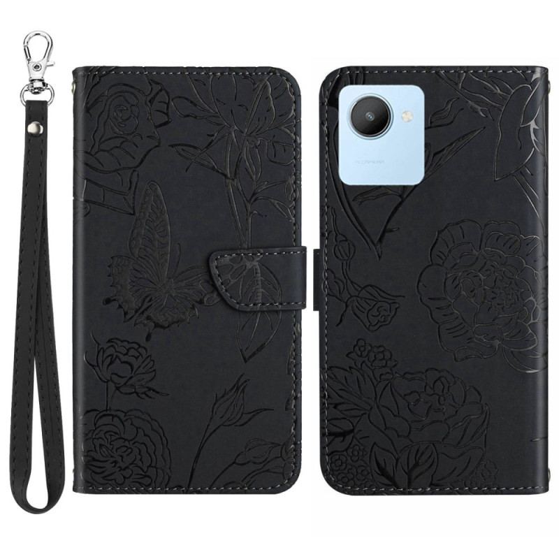 Capa De Couro Para Realme C30 De Cordão Paillon De Flores Com Cinta