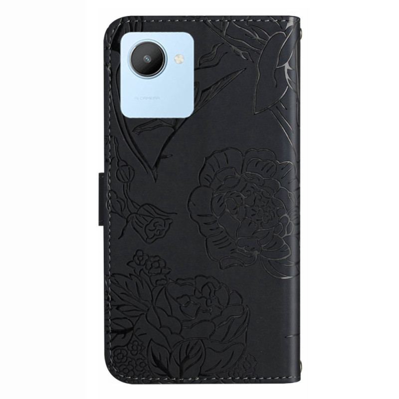 Capa De Couro Para Realme C30 De Cordão Paillon De Flores Com Cinta