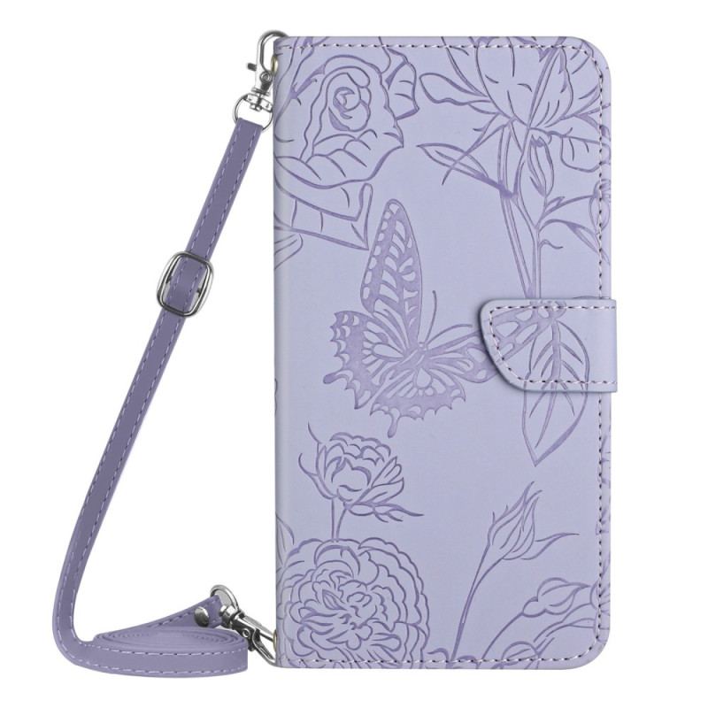 Capa Flip Para Realme C30 Alça De Ombro Com Flores De Borboleta