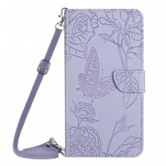 Capa Flip Para Realme C30 Alça De Ombro Com Flores De Borboleta