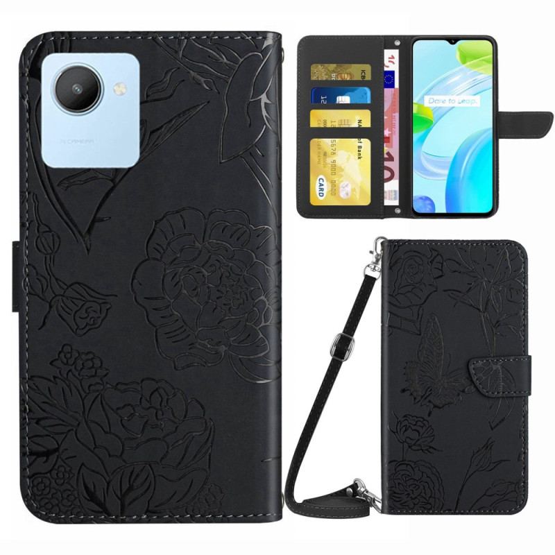 Capa Flip Para Realme C30 Alça De Ombro Com Flores De Borboleta