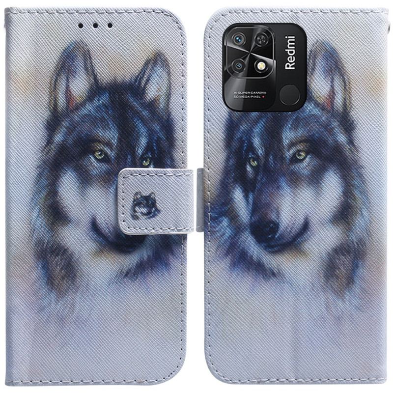 Capa De Couro Para Xiaomi Redmi 10C Aquarela Lobo