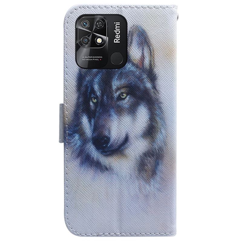 Capa De Couro Para Xiaomi Redmi 10C Aquarela Lobo