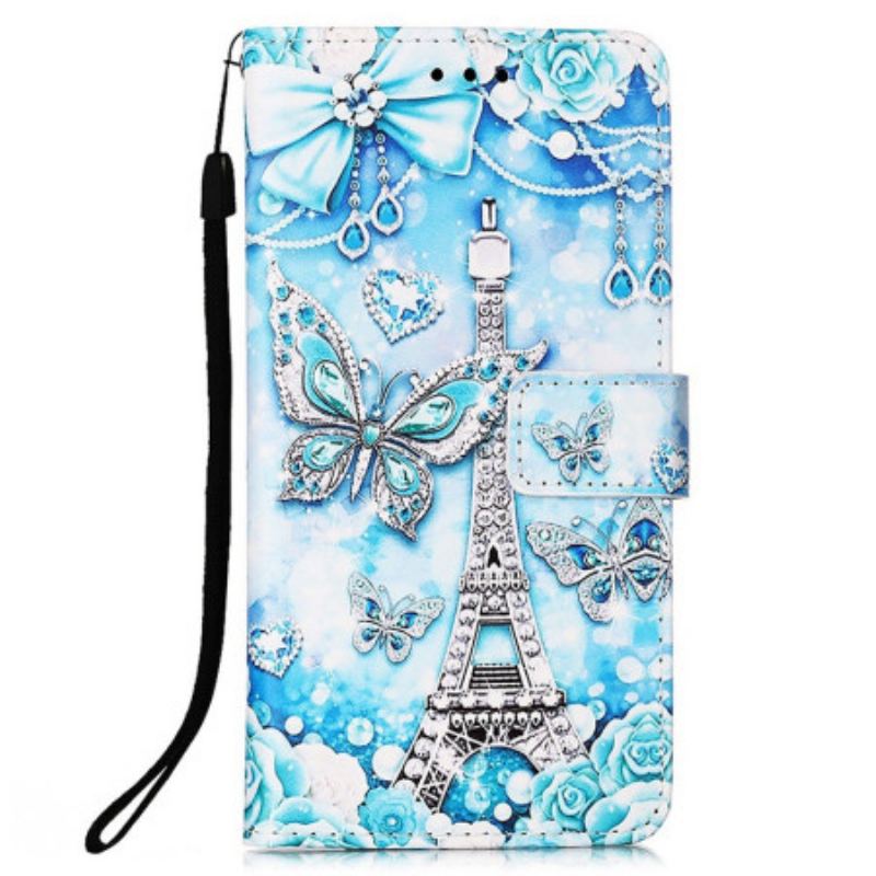 Capa De Couro Para Xiaomi Redmi 10C De Cordão Correia De Diamantes Torre Eiffel