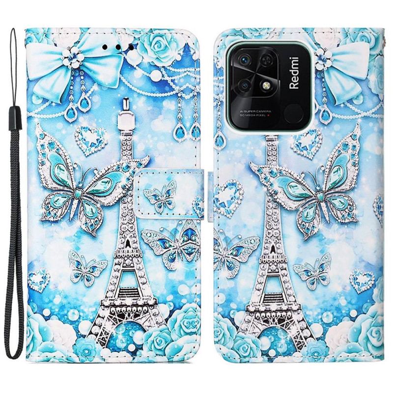 Capa De Couro Para Xiaomi Redmi 10C De Cordão Correia De Diamantes Torre Eiffel