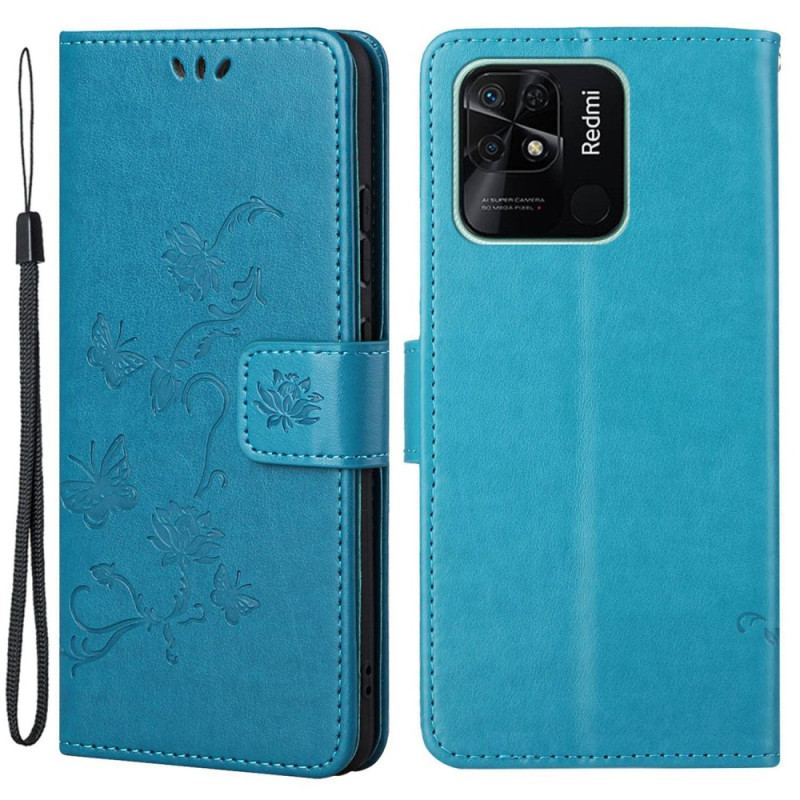 Capa De Couro Para Xiaomi Redmi 10C De Cordão Flores De Alça