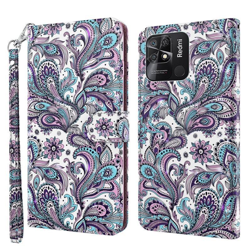 Capa De Couro Para Xiaomi Redmi 10C De Cordão Padrão Strappy Paisley