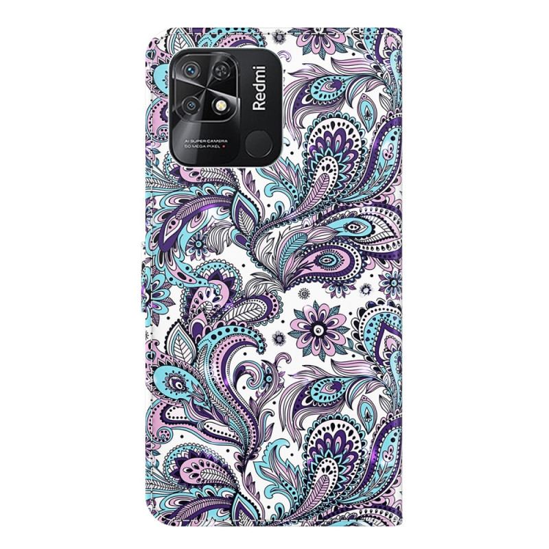 Capa De Couro Para Xiaomi Redmi 10C De Cordão Padrão Strappy Paisley