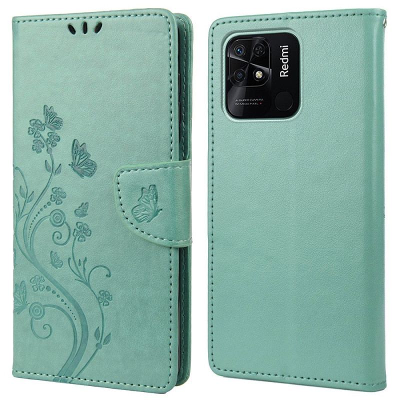 Capa De Couro Para Xiaomi Redmi 10C De Cordão Pulseira Borboletas E Flores