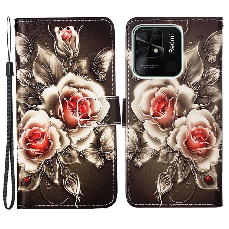 Capa De Couro Para Xiaomi Redmi 10C De Cordão Variação Floral Com Alça