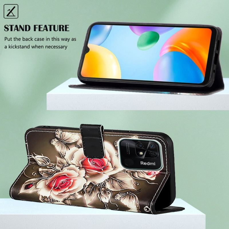 Capa De Couro Para Xiaomi Redmi 10C De Cordão Variação Floral Com Alça