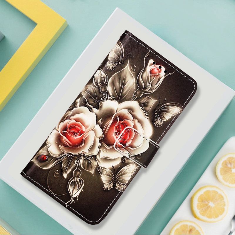 Capa De Couro Para Xiaomi Redmi 10C De Cordão Variação Floral Com Alça