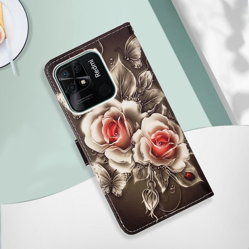 Capa De Couro Para Xiaomi Redmi 10C De Cordão Variação Floral Com Alça