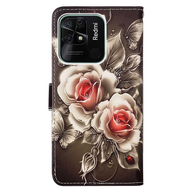 Capa De Couro Para Xiaomi Redmi 10C De Cordão Variação Floral Com Alça