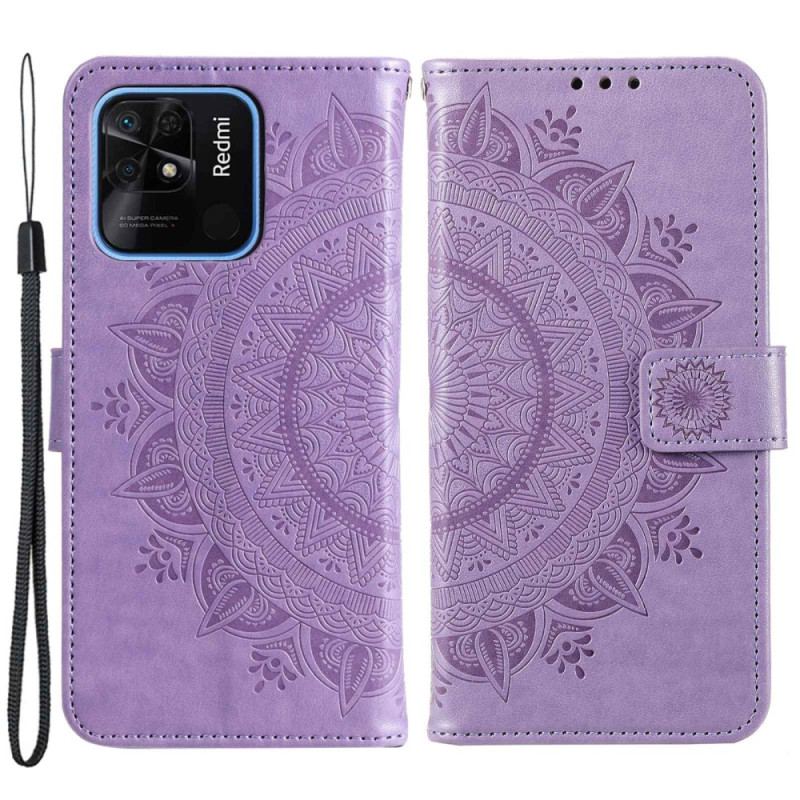 Capa De Couro Para Xiaomi Redmi 10C Mandala Sol Com Cordão