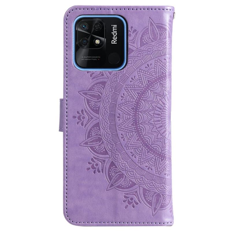 Capa De Couro Para Xiaomi Redmi 10C Mandala Sol Com Cordão