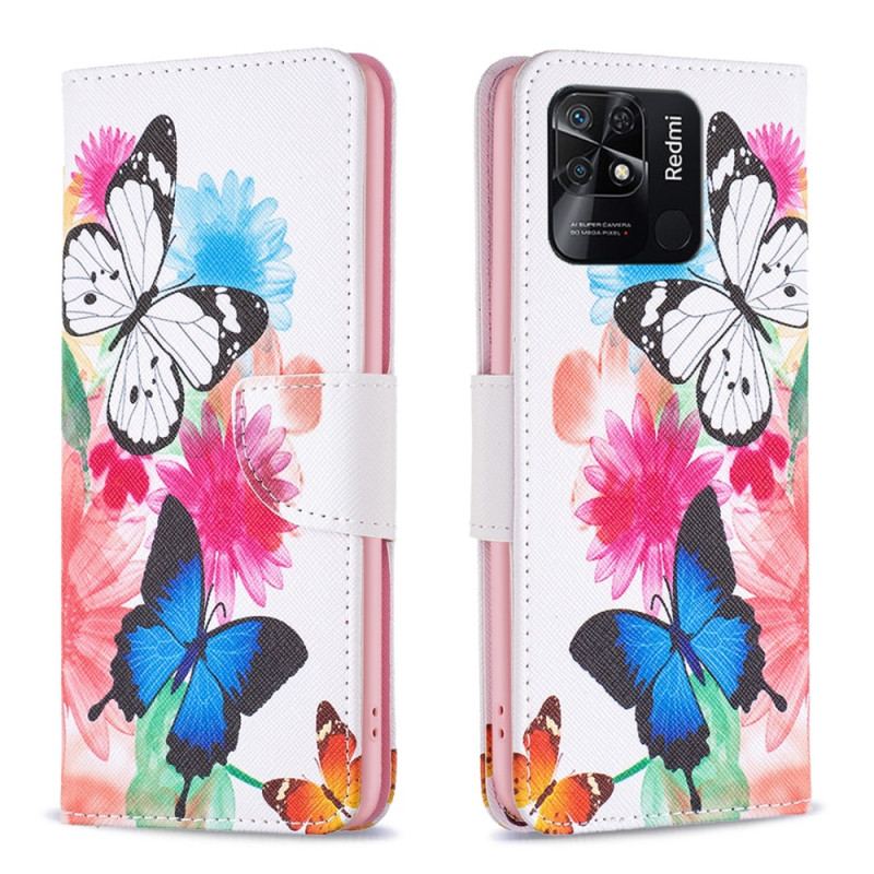 Capa Em Pele Para Xiaomi Redmi 10C Aquarela Borboletas