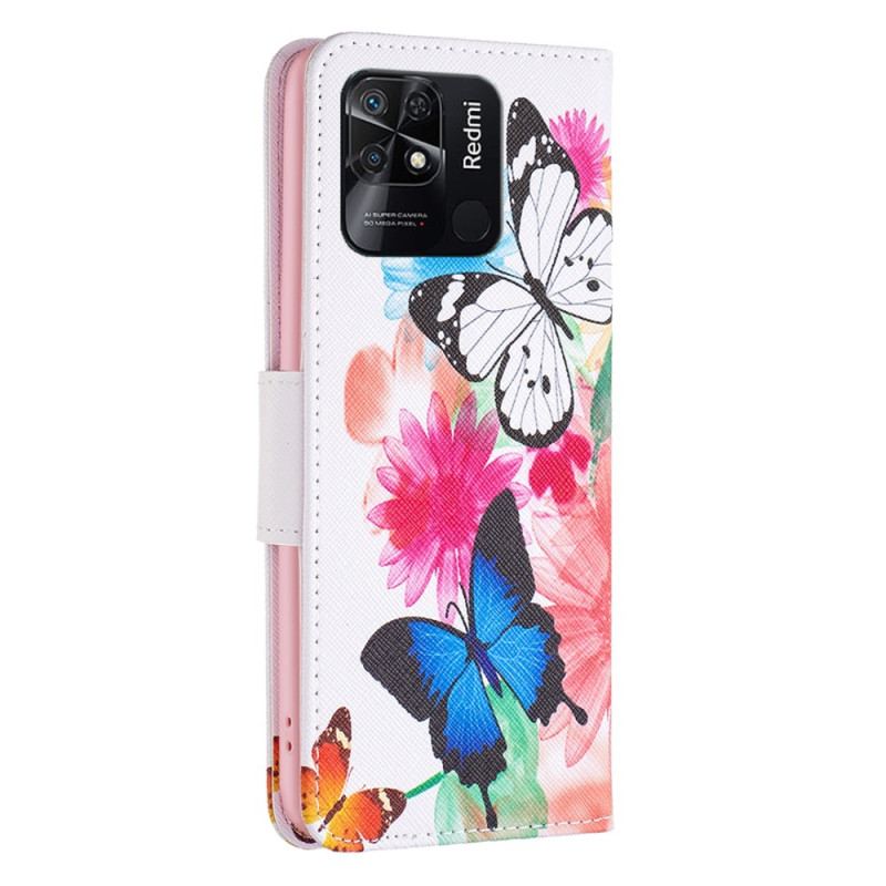 Capa Em Pele Para Xiaomi Redmi 10C Aquarela Borboletas