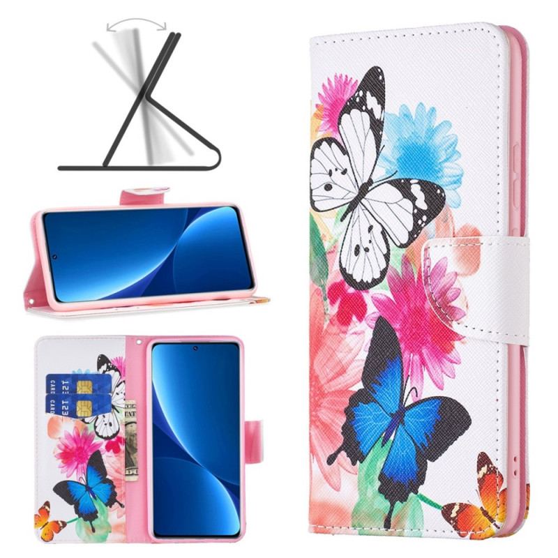 Capa Em Pele Para Xiaomi Redmi 10C Aquarela Borboletas