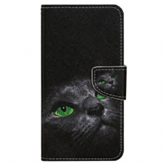 Capa Em Pele Para Xiaomi Redmi 10C De Cordão Gato De Olhos Verdes Na Alça