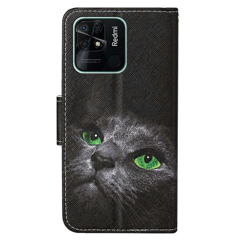 Capa Em Pele Para Xiaomi Redmi 10C De Cordão Gato De Olhos Verdes Na Alça