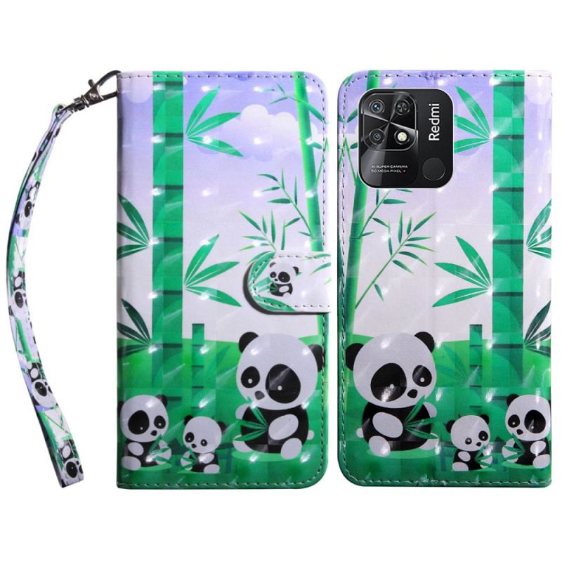 Capa Em Pele Para Xiaomi Redmi 10C De Cordão Lanyard Família Panda