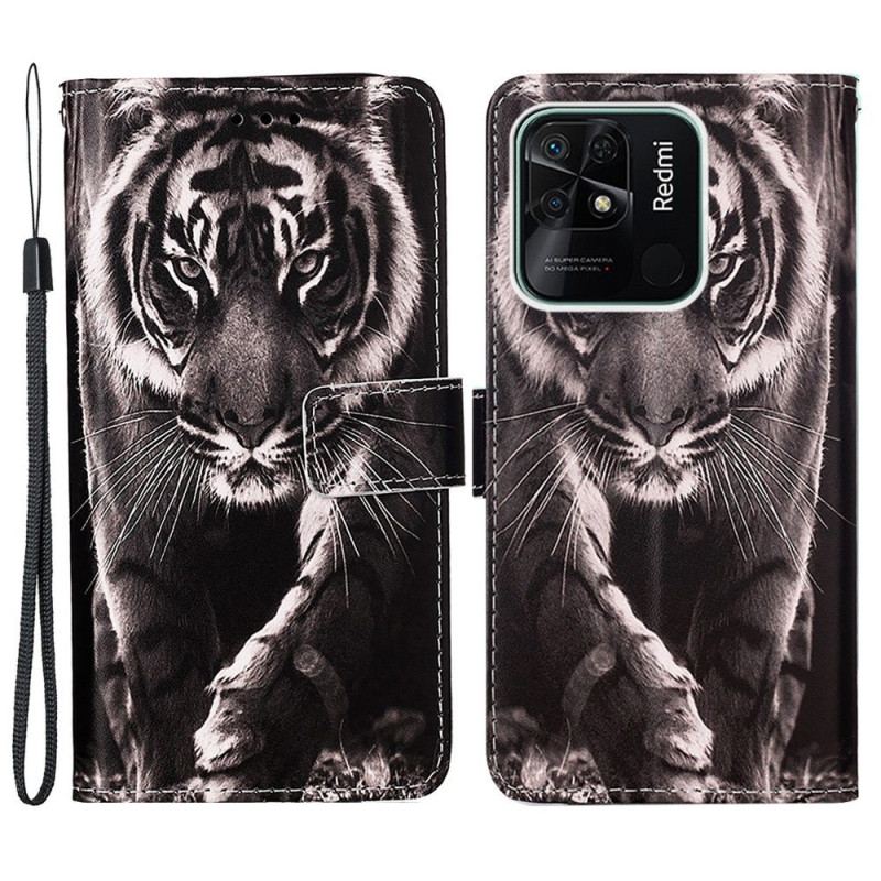 Capa Em Pele Para Xiaomi Redmi 10C De Cordão Tanga Fabulosa Tigre