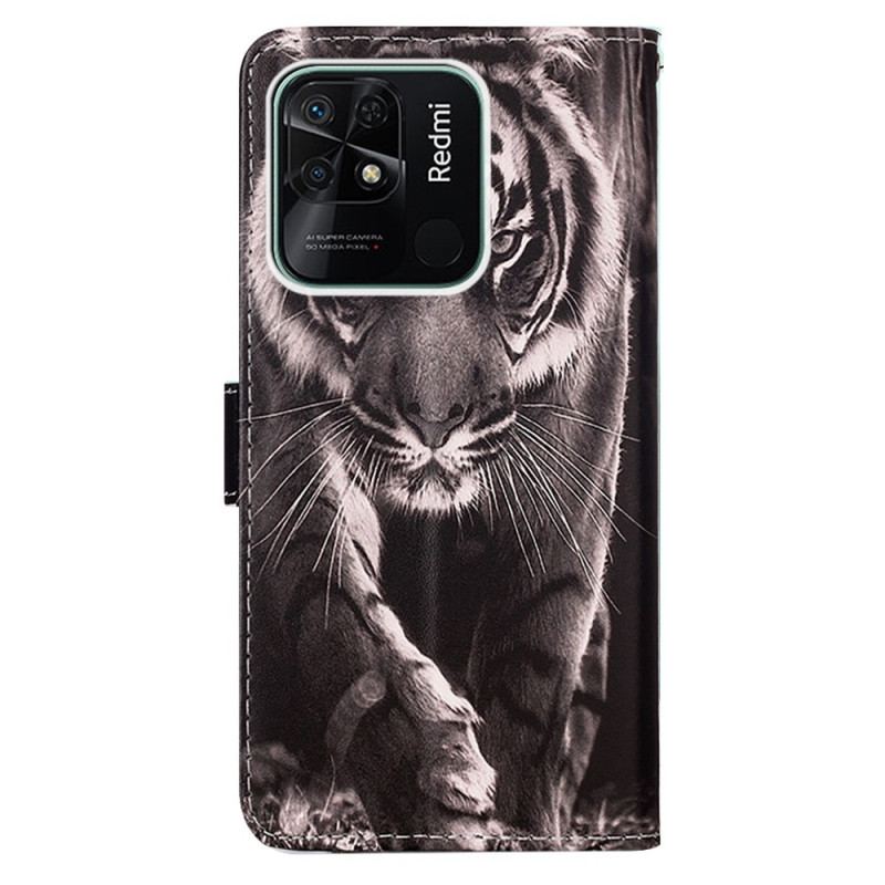 Capa Em Pele Para Xiaomi Redmi 10C De Cordão Tanga Fabulosa Tigre