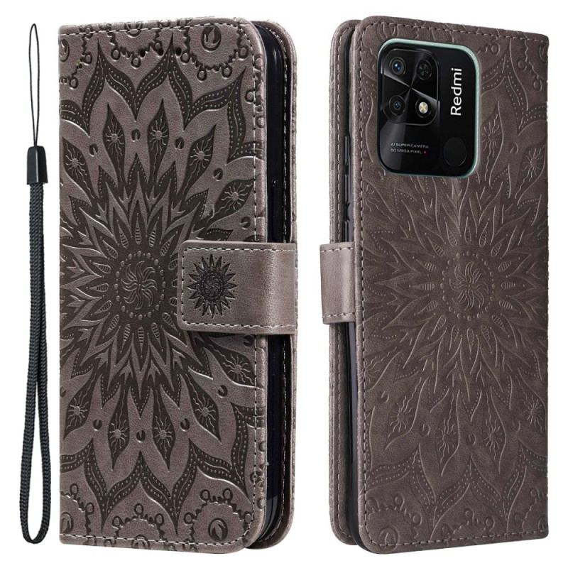 Capa Em Pele Para Xiaomi Redmi 10C Mandala Sol Com Cordão