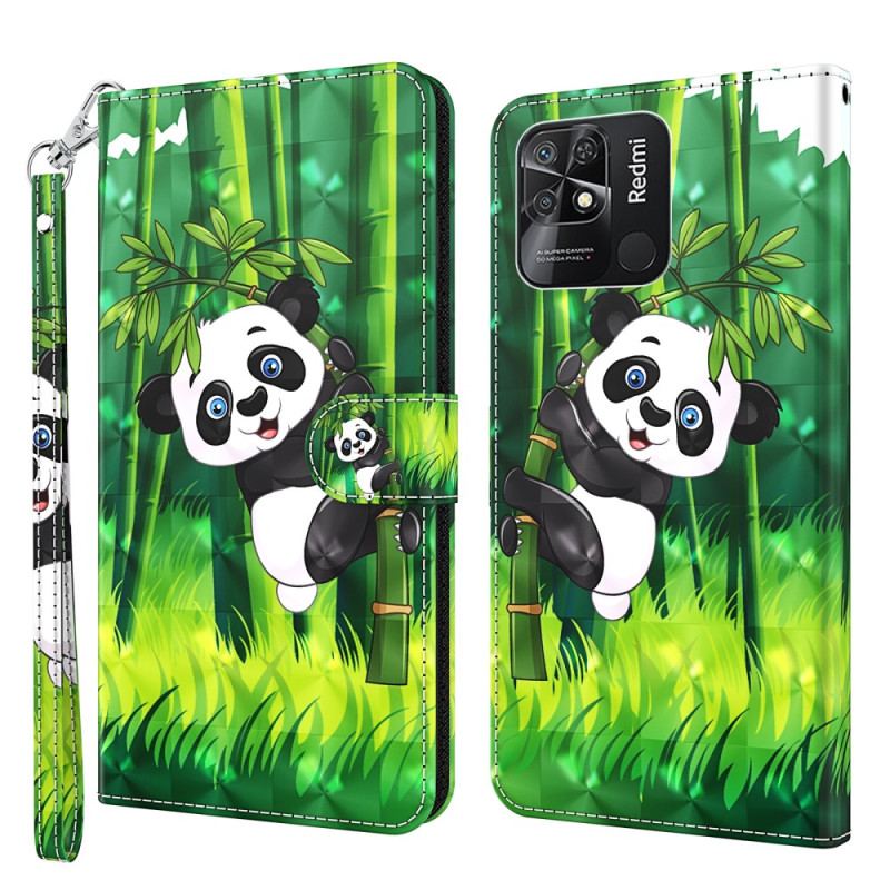 Capa Flip Para Xiaomi Redmi 10C De Cordão Bambu Panda Com Cordão