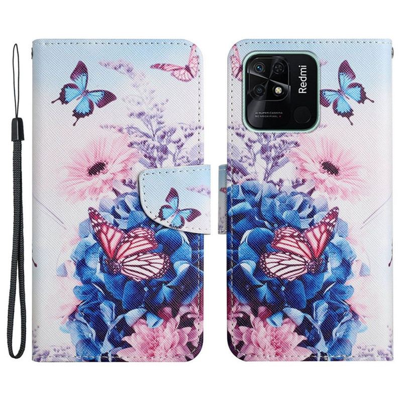 Capa Flip Para Xiaomi Redmi 10C De Cordão Fantasia Floral Com Tiras