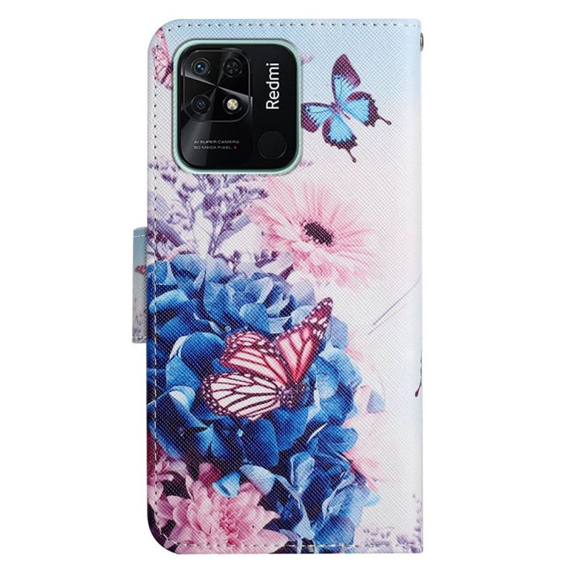 Capa Flip Para Xiaomi Redmi 10C De Cordão Fantasia Floral Com Tiras