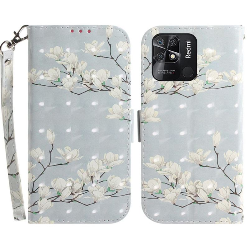 Capa Flip Para Xiaomi Redmi 10C De Cordão Flores Brancas Com Tiras