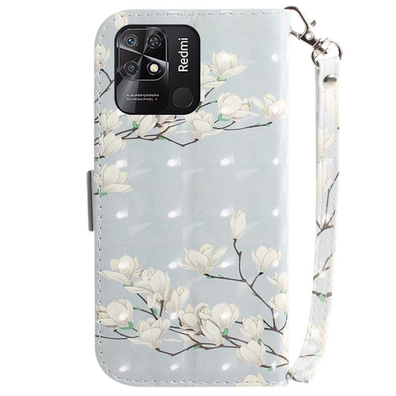 Capa Flip Para Xiaomi Redmi 10C De Cordão Flores Brancas Com Tiras