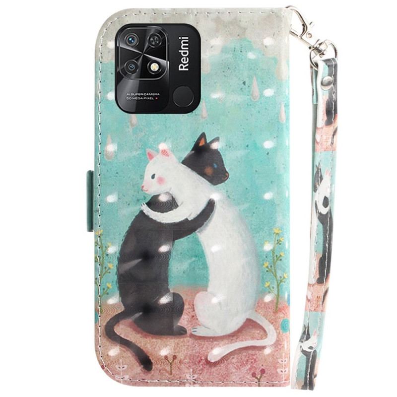 Capa Flip Para Xiaomi Redmi 10C De Cordão Gato Branco Gato Preto Com Alça