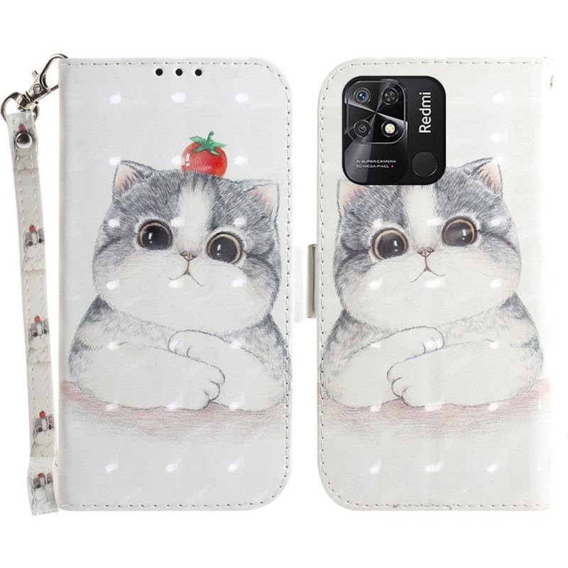 Capa Folio Para Xiaomi Redmi 10C De Cordão Gato Cinzento Com Alça