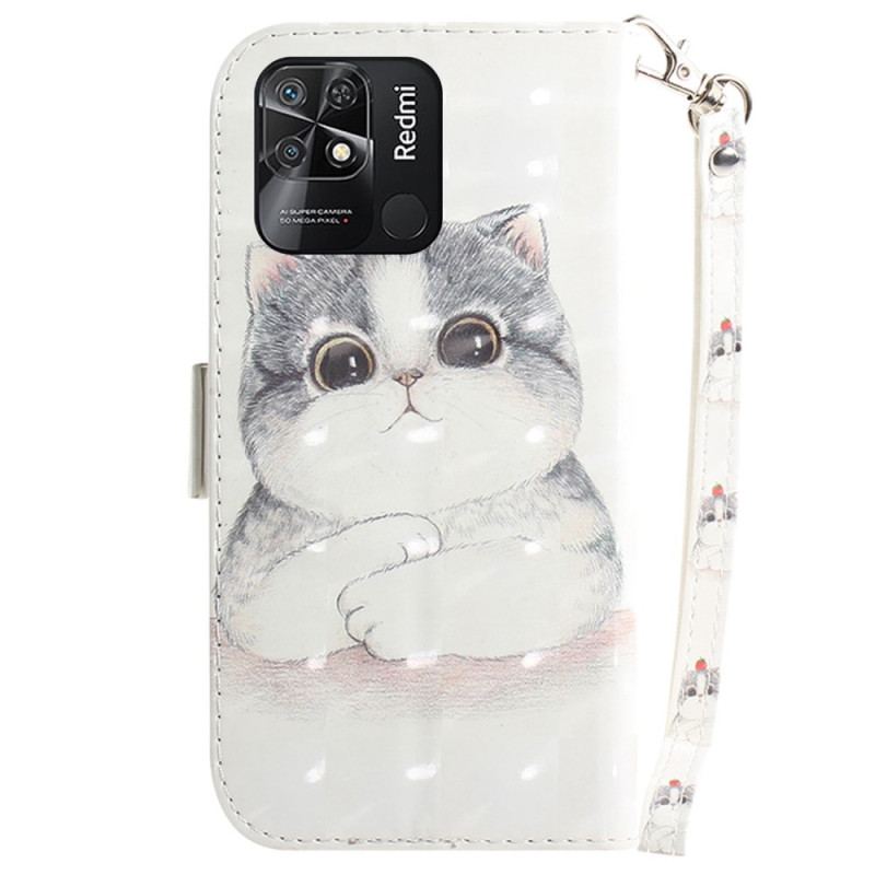 Capa Folio Para Xiaomi Redmi 10C De Cordão Gato Cinzento Com Alça