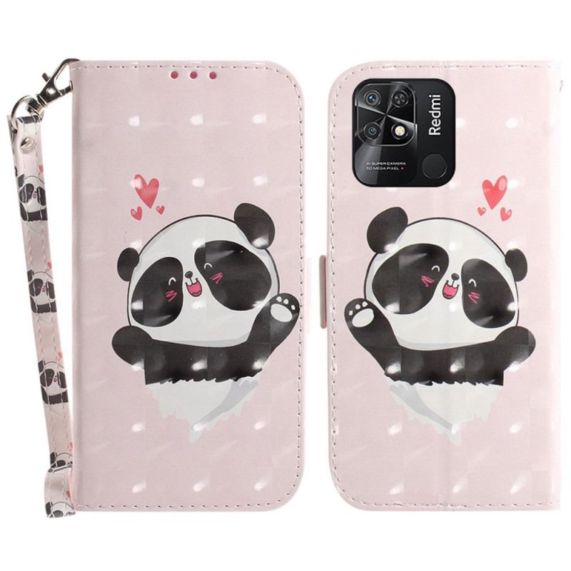 Capa Folio Para Xiaomi Redmi 10C De Cordão Pequeno Panda Com Alça